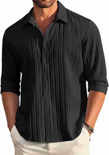 Image of Men's Casual Button Down Shirts Long Sleeve Linen Shirt Fashion Textured Beach Summer Shirt