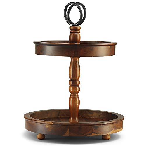 Two Tier Tray Stand - 2 Tiered Cake Stand - Table Kitchen Tray Wooden with Metal Round Decorative Handle. Cake, Cupcake, Cookie, Food and Party Display (Acacia Wood)