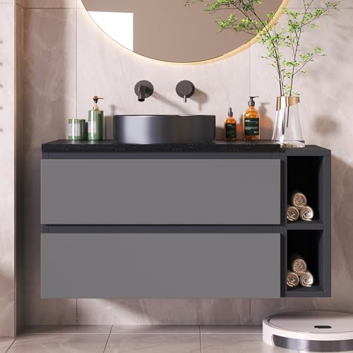 Mielvu Armario para debajo del lavabo colgante de 80 cm de ancho, con lavabo de cerámica, con cajones, diseño moderno, color negro y gris