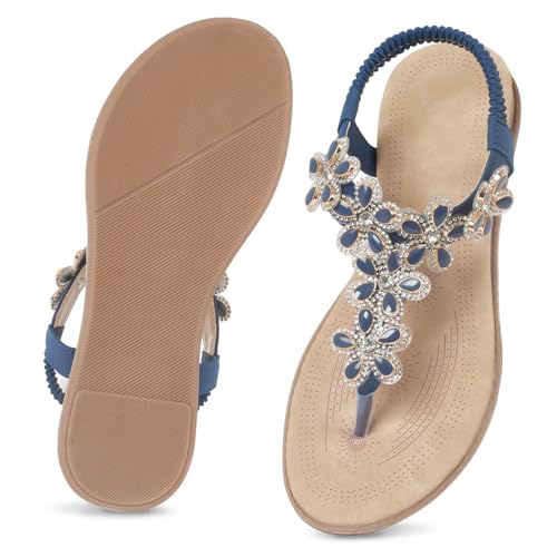 Image of iCKER Women Rhinestone Sandals T-Strap Buckle Bohemian Pearl Crystal Flat Sandals