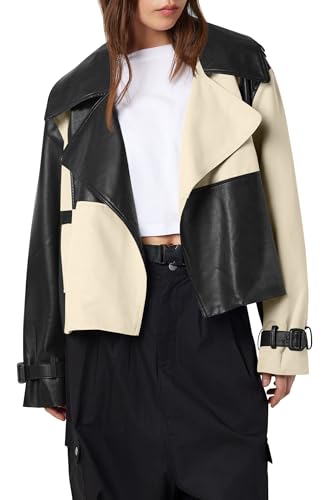 Tankaneo Womens Leather Cropped Jacket Fall Casual Trendy Oversized Color Block Motorcycle Coat