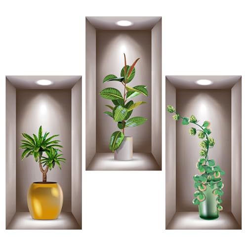 Bahan alamy 3 adhesivos de pared 3D para pared, jarrón, adhesivo de pared para salón, jarrones, plantas verdes, pegatinas de pared 3D, para dormitorio, oficina, cocina, decoración de pared (40 x 20