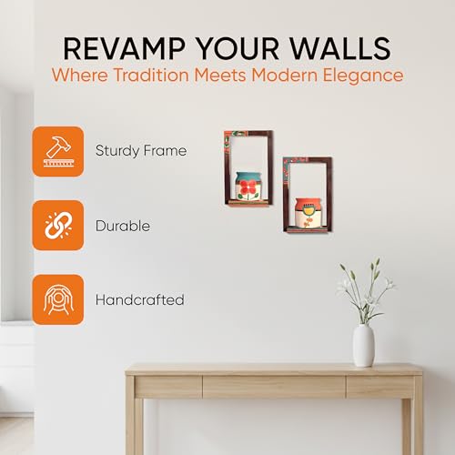 Image of AAKRITI ART CREATIONS Flora Wall Decor Frames with Handpainted Ceramic Pots Set of 2 | Floral Art, Matte Finish | Wooden & Ceramic Wall Shelf Decor for Home