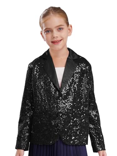 Aislor Kids Girls Sparkly Hip Hop Jazz Modern Dance Blazer Jacket Long Sleeve Sequin Button Down Lapel Suit Coat
