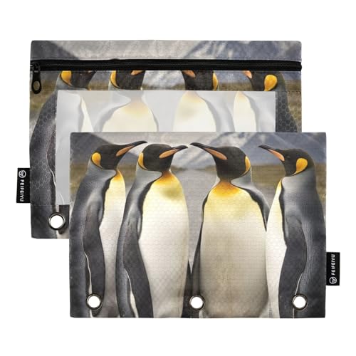 Wassud Bolsa de lápis para fichário de 3 anéis, bolsa transparente com zíper suave, fichário de quatro pinguins rei para fichário, pacote com 2