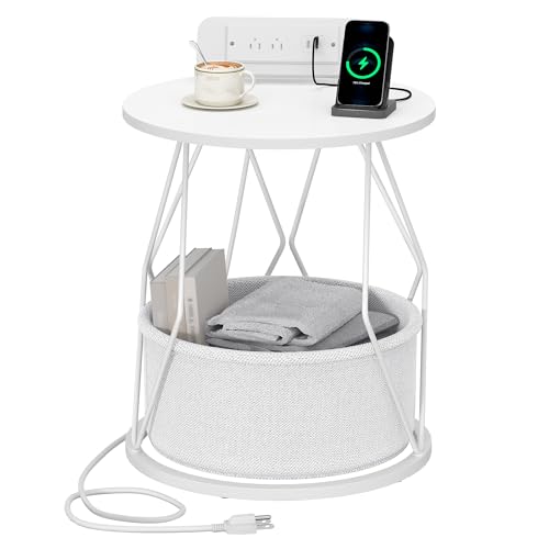 Image of Hzuaneri Side Table with Charging Station, Round End Table with Storage Basket, Small Nightstand, Bedside Table, for Living Room, Bedroom, White ET55003X