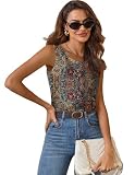 Zeagoo Top de satén para mujer, elegante, cuello redondo, camiseta básica, blusa de raso, sin mangas, tallas S-XXL, Patrones étnicos, M