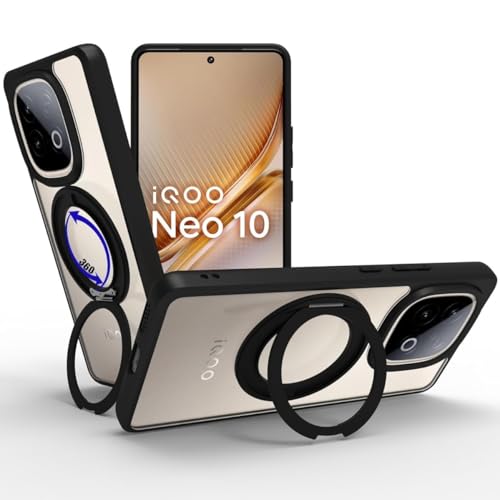 Image of RIGGEAR Shockproof Sleek Hybrid Armor 360 Rotating Magnetic Ring Stand Back Cover Case Compatible with MagSafe Accessories for iQOO Neo 10 5G (Clear PC + Black TPU Bumper)