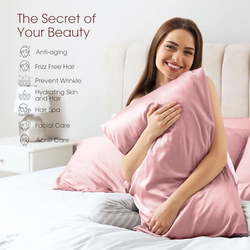 Image of 100% Silk Pillow Cases 2 Pack Queen Size Mulberry Silk Pillowcase for Hair and Skin Set of 2 Highest Grade 6A Silk Soft Breathable Cooling with Hidden Zipper, Pink