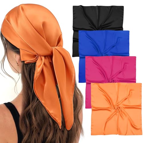 4Pcs 27.5 Inch Satin Square Head Scarf Silk Scarf Fashion Lightweight Neck Scarf Bandanas Sleeping Head Wraps For Women (Black+Blue+Rose Red+Orange)
