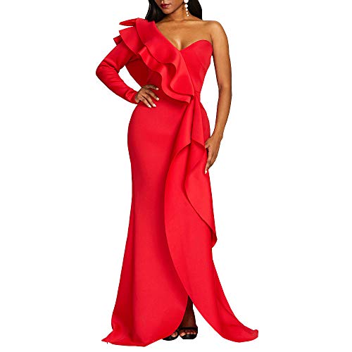 VERWIN One Shoulder Falbala Long Sleeve Asymmetrical Split Dress Women's Maxi Dress M Red