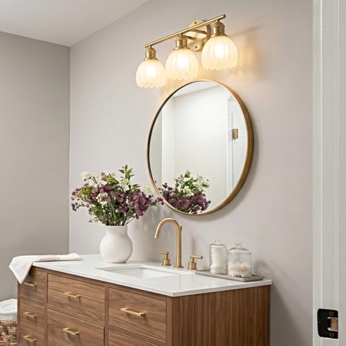 Image of Bathroom Light Fixtures, 3-Light Brushed Gold Vanity Lights for Bathroom with White Tulip Glass Shade, 20 inch Vintage Bathroom Vanity Lighting Fixtures Over Mirror for Bedroom Living Room Hallway