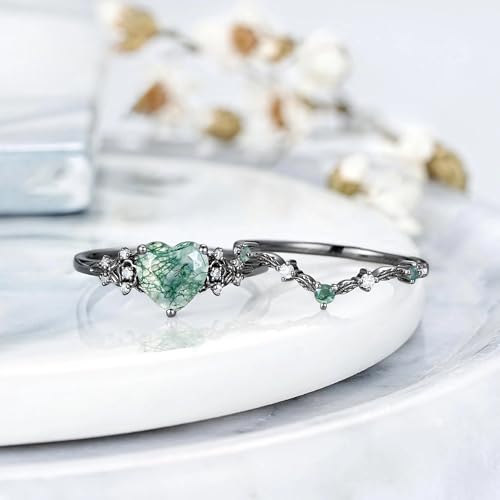 High-grade Vintage Nature Moss Agate Engagement Ring Sets for Women Art Deco Cluster Green Agate Bridal Ring S925 Silver 10K 14K 18K Gold Inspired Promise Wedding Band2