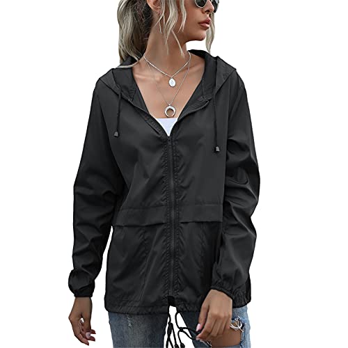 Veste coupe-vent imperméable légère et pliable pour femme avec fermeture éclair et capuche à séchage rapide, Noir , XXL Cover