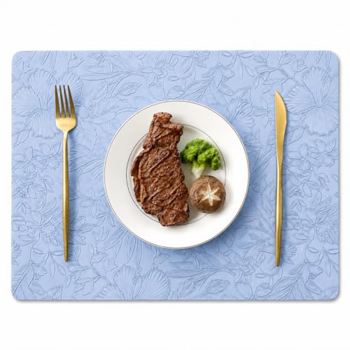 Image of Yelona Premium Faux Leather Placemat Set of 4 | Printed Floral Design, Waterproof & Heat Resistant Table Mat | Non-Slip, Washable for Dining, Kitchen & Home Decor (Sky Blue, 43 x 30 cm)