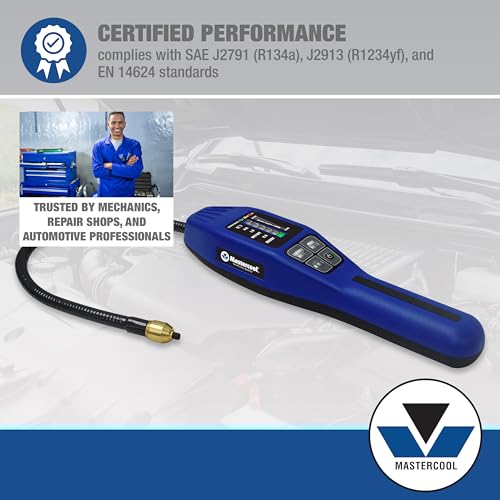 Mastercool 55900 Intellasense II Refrigerant Leak Detector – Heated Tin Oxide Sensor, Super Sensitive Mode, Certified for R134a and R1234yf, Compact Design with LED Display and Leak Vial