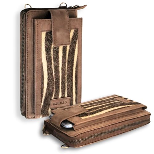 iulius Cartera Bandolera de Cuero Auténtico Unisex | Bolso Cruzado para Móvil Hasta 7” | Tarjetero, Billetero y Monedero con Cremallera | Correa Ajustable (Marrón y Cebra)
