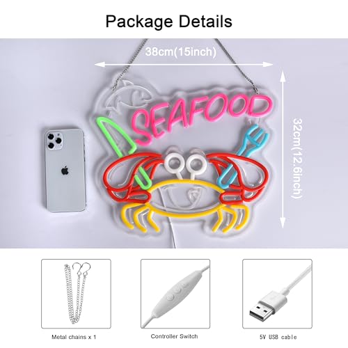 Image of Seafood Neon Sign, Neon Lights Hanging Wall Art Decoration for Restaurant Shop Market Mall Grocery Bar Celebration Home Decor, USB Powered Ultra Bright Dimmable, 14.96 * 12.6inches