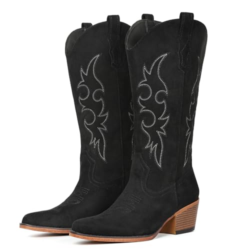 Image of IUV Cowboy Boots For Women Western Cowgirl Boots Mid Calf Snip Toe Boot With Chunky Heel