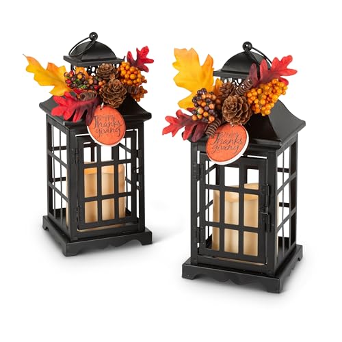 Gerson 2558240 Battery Operated Thanksgiving Lighted Metal Lanterns, 10.5-inch Height