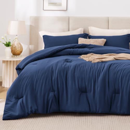 Image of Love's cabin Dark Blue Queen Comforter Set, 3-Piece Prewashed Bed Set with 1 Comforter (90 x 90 in) & 2 Pillowcases, Lightweight & Breathable for All Seasons
