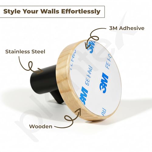 Image of Plantex Round Self Adhesive Robe Hooks for Kitchen /Wooden Wall Hanging Hook for Bathroom /Bath Towel Hook /Stylish Home Decor Items - Pack of 6 (Black Wooden)