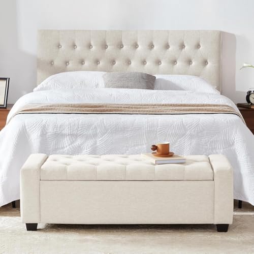 Image of Storage Ottoman Bench with Safety Hinge | Upholstered Tufted End of Bed Bench with Hidden Storage | Bedroom Living Room Entryway Seating | Modern Rectangular Footrest Seat | Fabric Bench Beige
