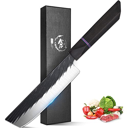Rococo Japanese Nakiri Chef Knife Hand Forged Meat Cleaver Sharp High Carbon Steel Professional Vegetable Cleaver For Home Kitchen Bbq 7.4" #TOP26