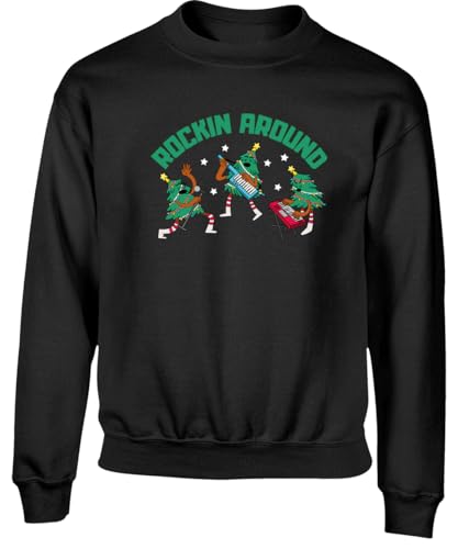 Hippowarehouse Fun Childrens Christmas Trees Rockin Around kids children's unisex jumper sweatshirt pullover Black
