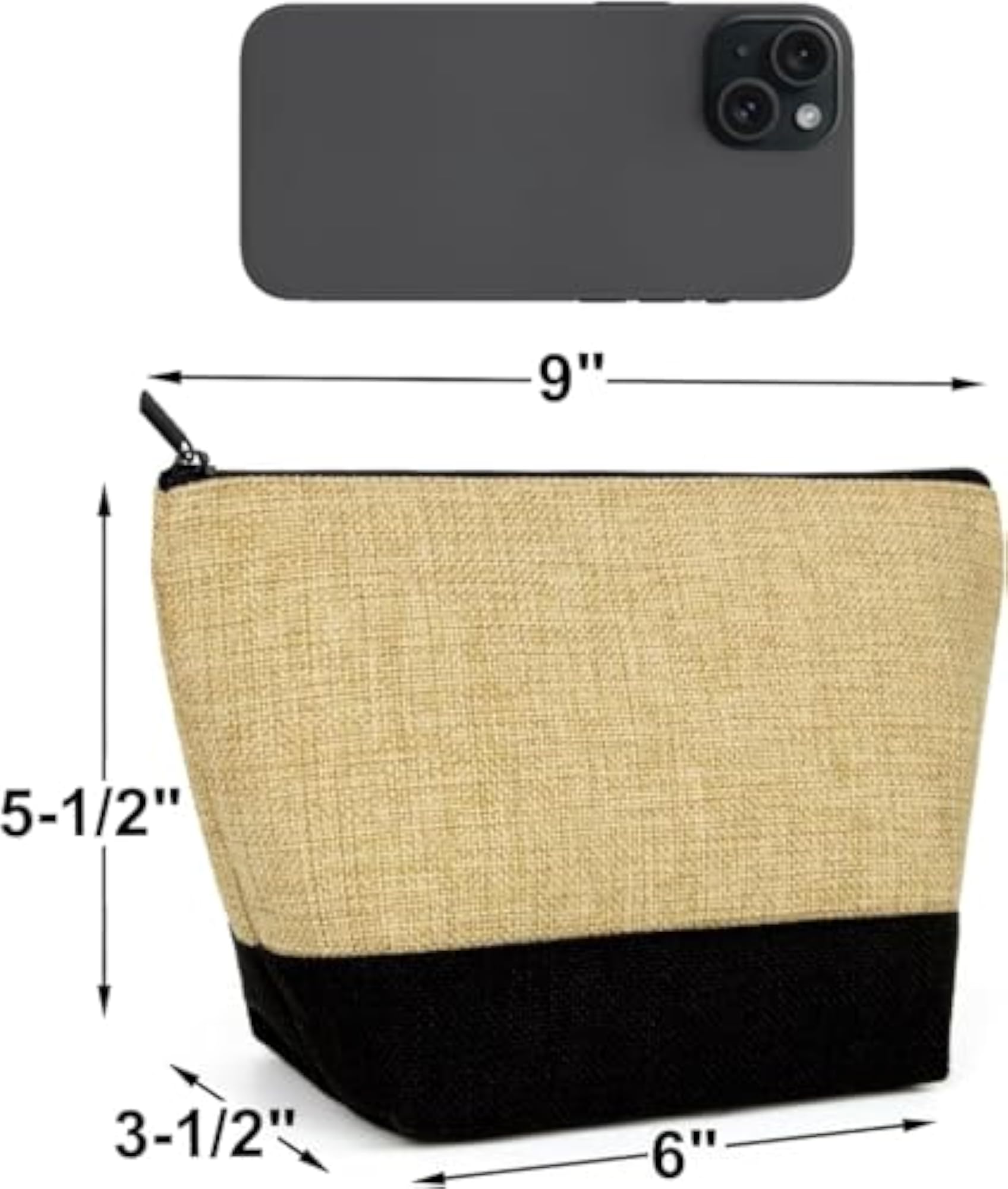6 Pack Jute Makeup Bag with Zipper, Beige and Black