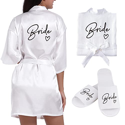 BETESSIN Bata Novia Boda Pijama Mujer Albornoces Satén Novia+Zapatilla para Boda Vestido Ropa de Dormir Ducha con Palabra Bordada