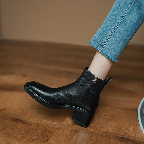 Women's Leather Vintage Block Heel Ankle Boots Comfort Square Toe Side Zipper Chunky Heel Booties for Office Dating 6