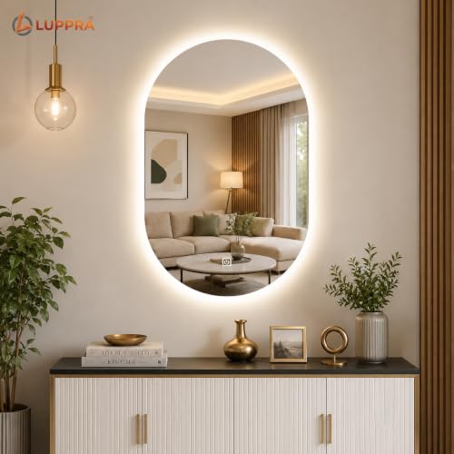Image of LED Bathroom Mirror 12x18 Inch - Smart Wall Mounted Vanity Mirror with Touch Sensor, 3 Color Dimmable Lights & Anti Fog Glass