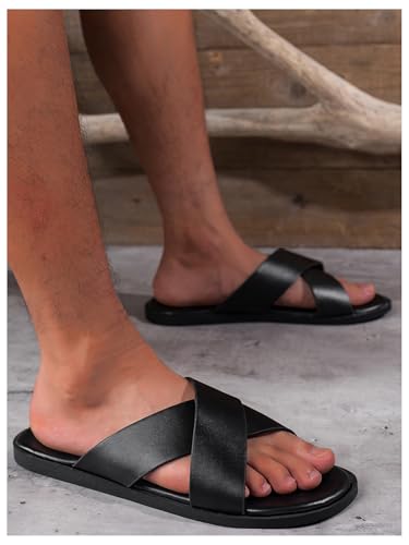 GORGLITTER Men's Leather Slippers 2025 Footwear Criss Cross House Slipper Slide Sandals4