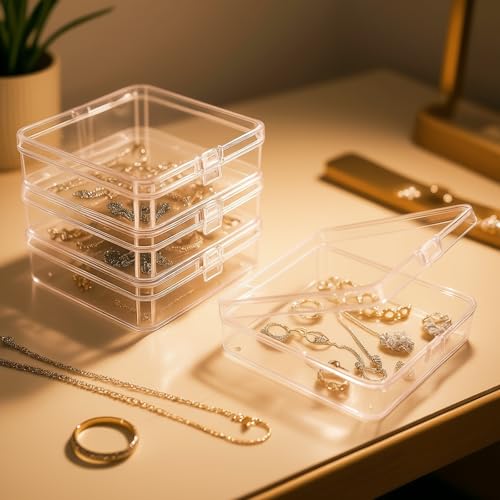 Image of Goodma 4 Pieces Square Empty Mini Clear Plastic Organizer Storage Box | 4.92 x 4.92 x 1.38 inch, Hinged Lids, For Small Items, For Craft Projects