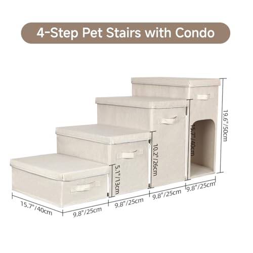 Dog Stairs with Storage, Folding Pet Steps with Zip for Small Dogs and Cats, 4-Step Pet Stairs with Pet House for High Bed, Couch and Car Ramp, Up to 200 Lbs (Beige, 4 Steps with Condo) - Image 3