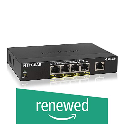 NETGEAR 5-Port Gigabit Ethernet Unmanaged PoE Switch (GS305P) - with 4 x PoE @ 55W, Desktop, Sturdy Metal Fanless Housing (Renewed)