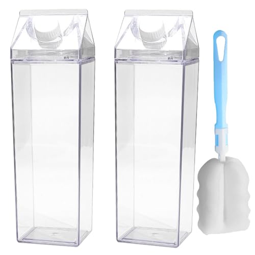 Sayudar 2 Pack Milk Carton Water Bottle, 1000ML Transparent Plastic Portable Leak-proof Square Milk Bottle, Creative Leak-proof Juice Bottle with Brush, Suitable for Outdoor Sports Travel Camping