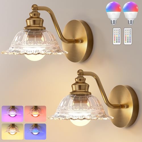 Image of Redluck Battery Operated Wall Sconce with Remote Control, Vintage Glass Wireless Wall sconces Set of Two, Rechargeable Battery Powered Wall Lamp for Bedside Bedroom Living Room Hallway Decor