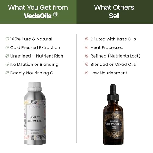 Image of VedaOils Wheat Germ Oil 100ml | 100% Cold Pressed Pure Natural Wheat Germ Oil for Skin & Hair Growth | Anti-Hairfall, Promotes Hair Growth, Softness & Shine