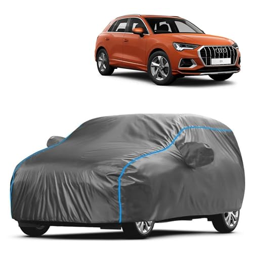 Image of Kerwa Car Body Cover Waterproof with Q3, Dust & UV Resistant All-Weather Proof Full Body Cover, Grey with Blue Lining, Triple Stitched Elastic Bottom with Mirror Pocket
