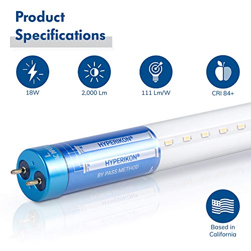 Hyperikon T8 T10 T12 LED Tube Light 4 Foot, 18W=40W, Dual & Single End Powered, Works with or Without Ballast, Clear Lens, UL, DLC, Crystal White, 6 Pack