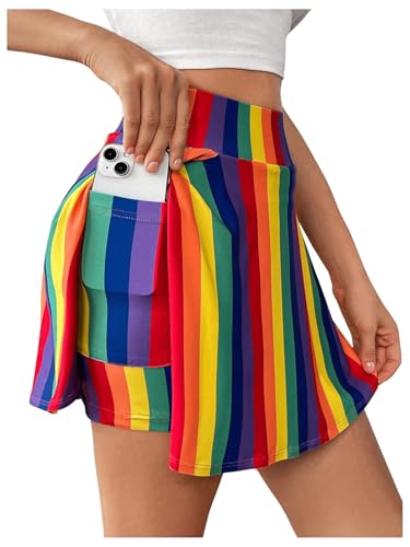 WDIRARA Women's Rainbow Striped Elastic Waist Active Tennis Skorts Golf Workout Skirt Shorts with Pocket