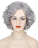 G&T Wig Old Lady Wig and Accessories Grandma Granny Costume Wigs Short Curly Grey Cosplay Wig Synthetic Hair Halloween Party Wigs (5pcs set)