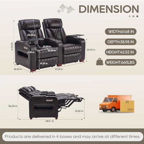 Image of Luxury Home Theater Seating - Power Recliner with Adjustable Headrests, Blue LED Ambient Lighting, Tray Table, USB & Type-C Charging (Dark Brown,2 Seat)