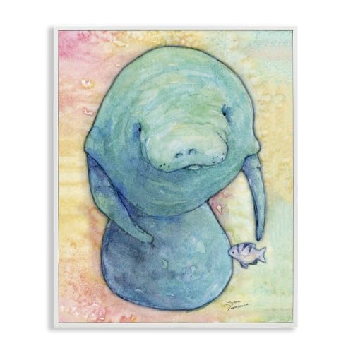 Stupell Industries Aquatic Manatee Among Fish Rainbow Watercolor Detail, Design by Steve Vanderbosh White Framed 11 x 14