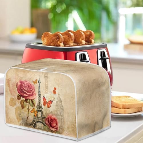 Image of Torre Eiffel Rose Retro Toaster Cover Kitchen Bakeware Protector Fits for Most Standard 2 Slice Toasters, Keep Toaster Free From Dust and Fingerprint Oven Dustproof Cover Decor
