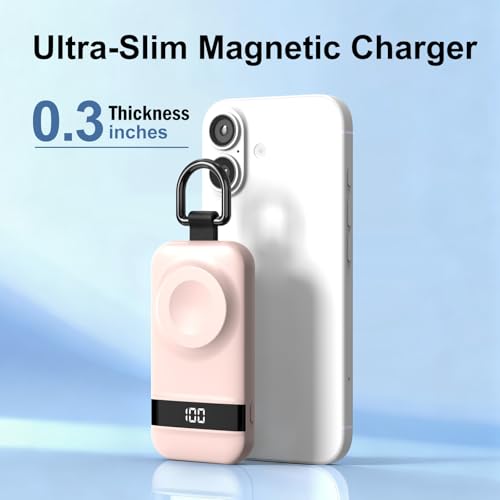 Image of Portable Charger for Apple Watch, 2500mAh & Digital Display - Magnetic Fast Charging iWatch Charger for Travel & Keychain Use - Works with Apple Watch Series (Pink, 2.5, Watts)