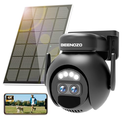 BEENOZO 4K Double Objectif Caméra Surveillance WiFi Extérieure sans Fil Solaire,Camera IP Batteries,avec 360°PTZ,Vision Nocturne Couleur,Détection Humaine PIR,Audio Bidirectionnel,IP66