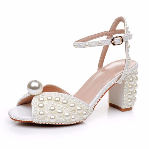 Crystal Queen Ivory Pearls Block Heel Sandals Chunky High Heels Peep Toe Sandals White Pearls Bridal Wedding Shoes Evening Wedding Sandals Pump Heels For Bride